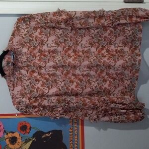 CeCe Dusty Mauve Pink Floral Print Long Sleeve Mock Neck Blouse